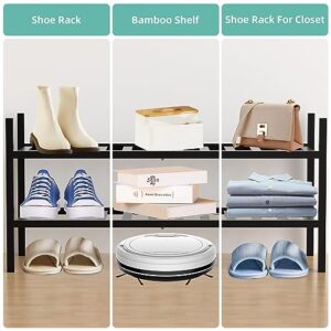 quiseolu Bamboo Shoe Rack 2 Tier Stackable Shoe Shelf Small Shoe Racks DIY Free Standing Shoe Stand for Closet Entryway Bedroom Floor Dorm Sturdy Black Shoes Organizer D11 * W27.2 * H12.6 Inches