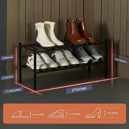 quiseolu Bamboo Shoe Rack 2 Tier Stackable Shoe Shelf Small Shoe Racks DIY Free Standing Shoe Stand for Closet Entryway Bedroom Floor Dorm Sturdy Black Shoes Organizer D11 * W27.2 * H12.6 Inches