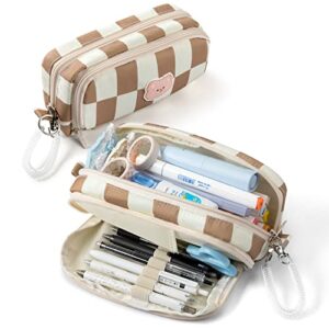 joyask large capacity canvas pouch storage bag with removable spring strap checkerboard plaid for office work art (brown white plaid)