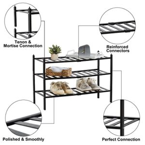 quiseolu Bamboo Shoe Rack 3 Tier Stackable Shoe Shelf 1 + 2 Tier Small Shoe Racks DIY Free Standing Shoe Stand for Closet Entryway Bedroom Floor Dorm Black Shoe Organizer D11 * W27.2 * H18.3 Inches