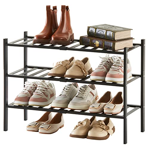 quiseolu Bamboo Shoe Rack 3 Tier Stackable Shoe Shelf 1 + 2 Tier Small Shoe Racks DIY Free Standing Shoe Stand for Closet Entryway Bedroom Floor Dorm Black Shoe Organizer D11 * W27.2 * H18.3 Inches