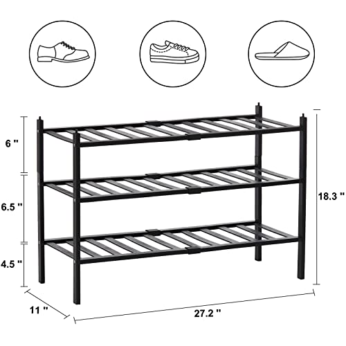 quiseolu Bamboo Shoe Rack 3 Tier Stackable Shoe Shelf 1 + 2 Tier Small Shoe Racks DIY Free Standing Shoe Stand for Closet Entryway Bedroom Floor Dorm Black Shoe Organizer D11 * W27.2 * H18.3 Inches