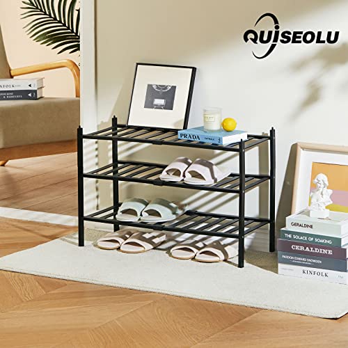 quiseolu Bamboo Shoe Rack 3 Tier Stackable Shoe Shelf 1 + 2 Tier Small Shoe Racks DIY Free Standing Shoe Stand for Closet Entryway Bedroom Floor Dorm Black Shoe Organizer D11 * W27.2 * H18.3 Inches