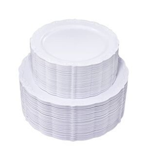 u-qe 100 pieces white plastic plates - white disposable plates - premium hard plastic disposable plates for wedding and party use including 50 dinner plates 10.25 '' & 50 dessert plates 7.5 ''