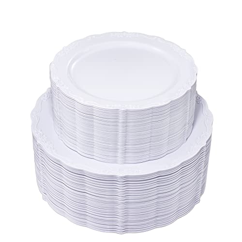 U-QE 100 Pieces White Plastic Plates - White Disposable Plates - Premium Hard Plastic Disposable Plates for Wedding and Party Use Including 50 Dinner Plates 10.25 '' & 50 Dessert Plates 7.5 ''