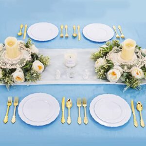 U-QE 100 Pieces White Plastic Plates - White Disposable Plates - Premium Hard Plastic Disposable Plates for Wedding and Party Use Including 50 Dinner Plates 10.25 '' & 50 Dessert Plates 7.5 ''