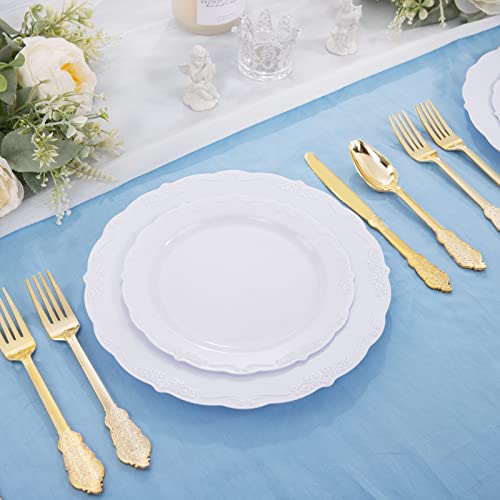 U-QE 100 Pieces White Plastic Plates - White Disposable Plates - Premium Hard Plastic Disposable Plates for Wedding and Party Use Including 50 Dinner Plates 10.25 '' & 50 Dessert Plates 7.5 ''