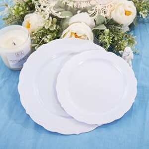 U-QE 100 Pieces White Plastic Plates - White Disposable Plates - Premium Hard Plastic Disposable Plates for Wedding and Party Use Including 50 Dinner Plates 10.25 '' & 50 Dessert Plates 7.5 ''