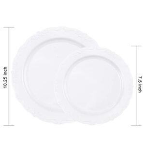 U-QE 100 Pieces White Plastic Plates - White Disposable Plates - Premium Hard Plastic Disposable Plates for Wedding and Party Use Including 50 Dinner Plates 10.25 '' & 50 Dessert Plates 7.5 ''