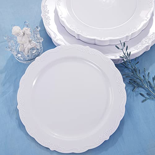 U-QE 100 Pieces White Plastic Plates - White Disposable Plates - Premium Hard Plastic Disposable Plates for Wedding and Party Use Including 50 Dinner Plates 10.25 '' & 50 Dessert Plates 7.5 ''