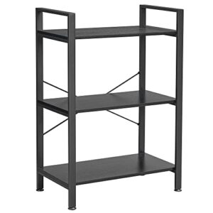 bewishome 3 tier bookshelf open organizer, black small bookshelf for small spaces, industrial wooden storage bookcase with metal frame for bedroom living room and home office jcj42b