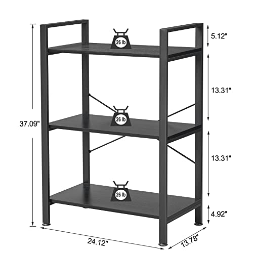 BEWISHOME 3 Tier Bookshelf Open Organizer, Black Small Bookshelf for Small Spaces, Industrial Wooden Storage Bookcase with Metal Frame for Bedroom Living Room and Home Office JCJ42B