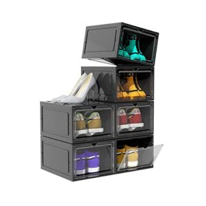okr shoe storage boxes, set of 6, stackable clear plastic shoe boxes, shoe containers with lids and shoe storage organizer for sneaker display, fit up to us size 12(13.4”x 10.6”x 7.5”) black