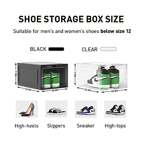 OKR Shoe Storage Boxes, Set of 6, Stackable Clear Plastic Shoe Boxes, Shoe Containers with Lids and Shoe Storage Organizer for Sneaker Display, Fit up to US Size 12(13.4”x 10.6”x 7.5”) Black