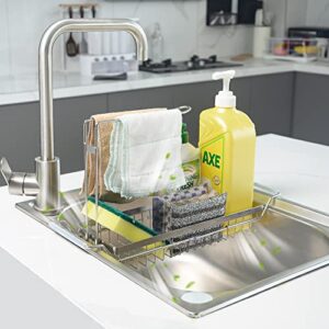hoookimm kitchen sink sponge caddy stainless steel, kitchen sink organizers for sponges and towels, sponge caddy for kitchen sink, sink storage rack holder, rustproof, and non-slip.