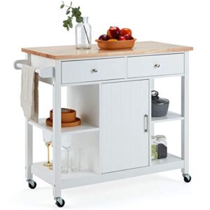 kvk rolling kitchen island cart with towel rack, large drawers, compartment cabinets, open storage shelves, kitchen cart with rubber wood top, pine legs, lockable wheels, white (sjhm-013wh)