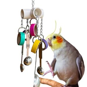 gilygi durable bird parrots scoops and bagel toys, pullable stainless steel spoon and cardboard ring toys for small and medium bird parakeets, cockatiels, conures, budgie, lovebirds, finches