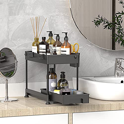 SPACELEAD Under Sink Organizers and Storage, Under Sliding Cabinet Basket Organizer, 2 Tier Under Sink Storage for Bathroom Kitchen with Hooks, Hanging Cup, The Bottom Can Be Pulled Out Black