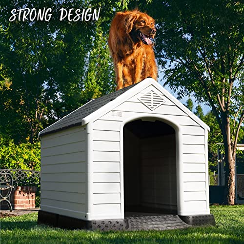 PUKAMI Durable Plastic Dog House with Elevated Floor and Air Vents for Outdoor Indoor Small Medium Large Dogs,Waterproof Ventilate & Easy Clean and Assemble(Grey, 42inch)