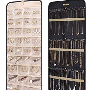 BAGSMART Hanging Jewelry Organizer Storage Roll with Hanger Metal Hooks Double-Sided Jewelry Holder for Earrings, Necklaces, Rings on Closet, Wall, Door, 1 piece, Large, Black