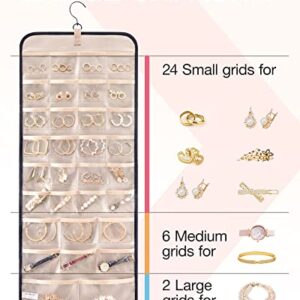 BAGSMART Hanging Jewelry Organizer Storage Roll with Hanger Metal Hooks Double-Sided Jewelry Holder for Earrings, Necklaces, Rings on Closet, Wall, Door, 1 piece, Large, Black