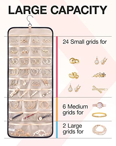 BAGSMART Hanging Jewelry Organizer Storage Roll with Hanger Metal Hooks Double-Sided Jewelry Holder for Earrings, Necklaces, Rings on Closet, Wall, Door, 1 piece, Large, Black