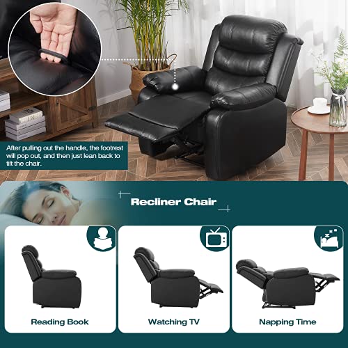 KVK PU Leather Recliner, Upholstered Sofa Recliner Chair, Manual Reclining Home Theater Seating, Arm Chair for Living Room Reading Room Bedroom, Black (GGIN0086BK)