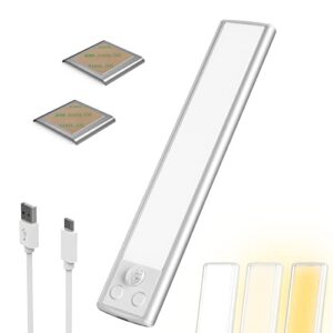 3 color led closet light, 66-led dimmable usb rechargeable motion sensor magnetic under cabinet lights 1100mah battery operated white strip lighting, 20cm/7.8inch