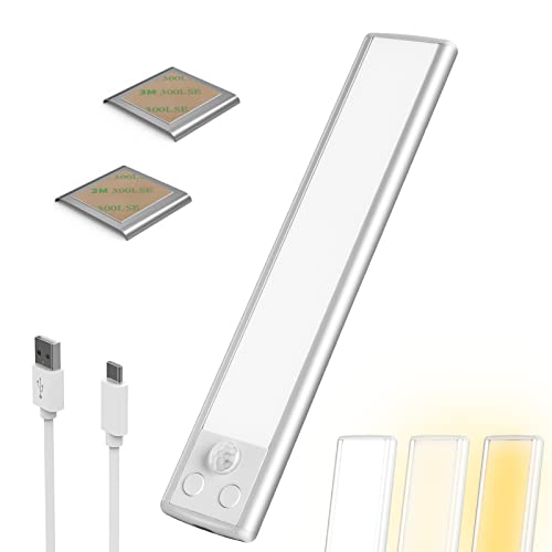 3 Color Led Closet Light, 66-Led Dimmable USB Rechargeable Motion Sensor Magnetic Under Cabinet Lights 1100mAh Battery Operated White Strip Lighting, 20cm/7.8inch