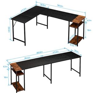 AINGOO L Shaped Desk Reversible with Storage, 72 Inch 2-Person Long Desk Computer Gaming Office Desk, Writing Study Corner Desk for Home Office, Black/Brown