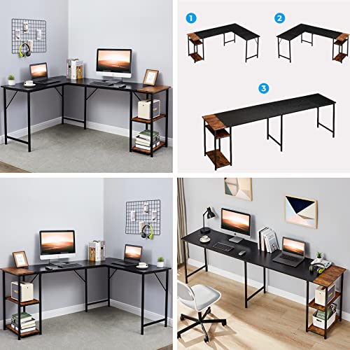 AINGOO L Shaped Desk Reversible with Storage, 72 Inch 2-Person Long Desk Computer Gaming Office Desk, Writing Study Corner Desk for Home Office, Black/Brown