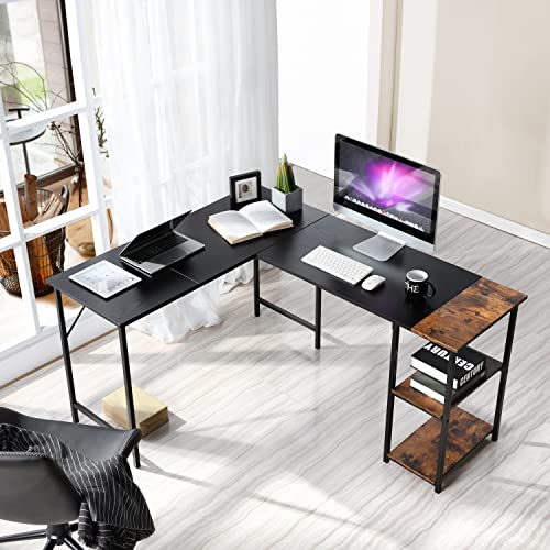 AINGOO L Shaped Desk Reversible with Storage, 72 Inch 2-Person Long Desk Computer Gaming Office Desk, Writing Study Corner Desk for Home Office, Black/Brown