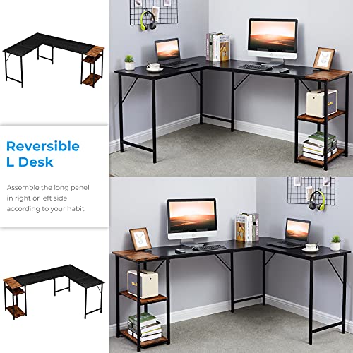 AINGOO L Shaped Desk Reversible with Storage, 72 Inch 2-Person Long Desk Computer Gaming Office Desk, Writing Study Corner Desk for Home Office, Black/Brown