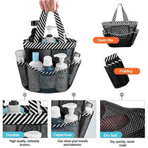Ndeno Mesh Shower Caddy 8 Pockets Portable, Hanging Portable Toiletry Bag Tote for Men and Women, Quick Dry Bath Organizer Dorm Room Essentials for Beach, Camp, Travel (1pcs, Black Strips)
