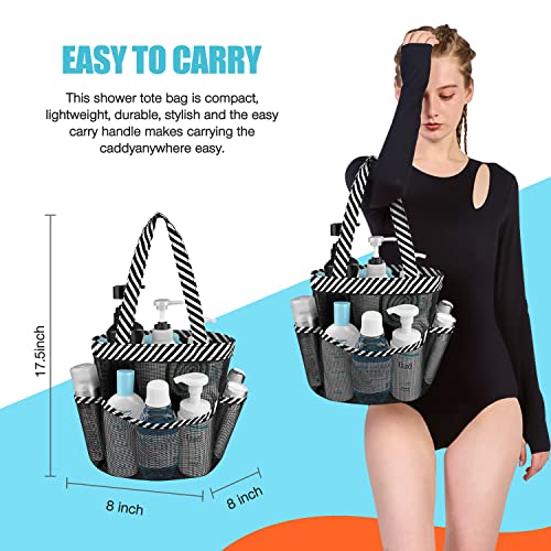 Ndeno Mesh Shower Caddy 8 Pockets Portable, Hanging Portable Toiletry Bag Tote for Men and Women, Quick Dry Bath Organizer Dorm Room Essentials for Beach, Camp, Travel (1pcs, Black Strips)