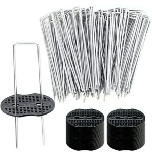100 pcs 6 inch u-shaped landscape staples and 100 pcs fixing gasket sets, garden landscape staples are suitable for outdoor irrigation hoses,fixed fences,artificial turf nails and tents.