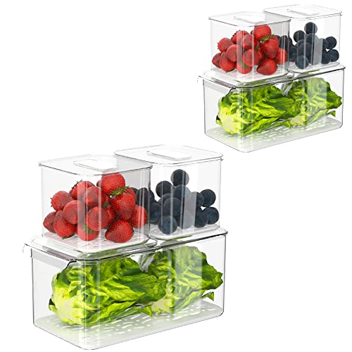 blitzlabs Refrigerator Storage Containers Fridge Produce Saver, Stackable Freezer Organizer Keeper Drawers Bins Baskets with Lids and Removable Drain Tray for Veggie, Berry, Fruits - 6 Set