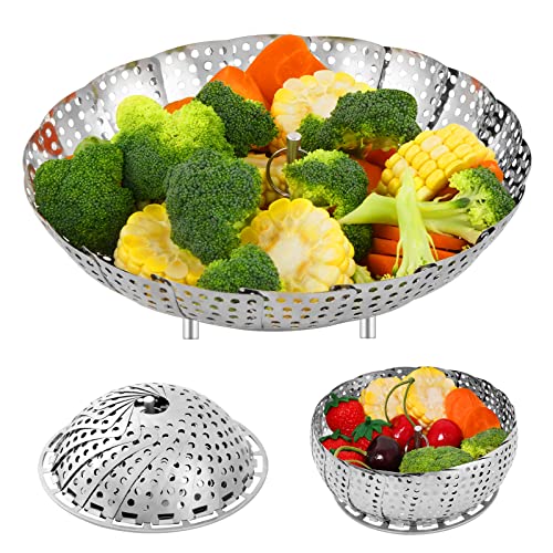 Elyum Vegetable Steamer Basket Stainless Steel Vegetable Steamer for Cooking Foldable Expandable Steamer Basket Insert with Removable Center Handle Adjustable Sizes to Fit Various Pots (5.2" to 8.6")