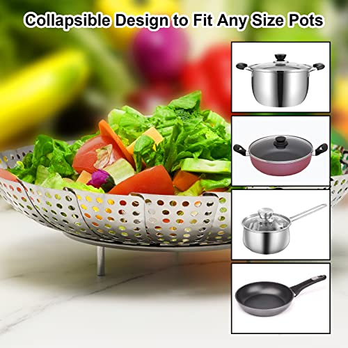 Elyum Vegetable Steamer Basket Stainless Steel Vegetable Steamer for Cooking Foldable Expandable Steamer Basket Insert with Removable Center Handle Adjustable Sizes to Fit Various Pots (5.2" to 8.6")