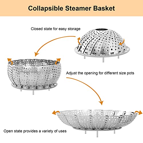 Elyum Vegetable Steamer Basket Stainless Steel Vegetable Steamer for Cooking Foldable Expandable Steamer Basket Insert with Removable Center Handle Adjustable Sizes to Fit Various Pots (5.2" to 8.6")