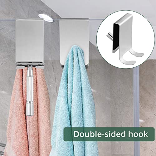 JiGiU Over Shower Glass Door Hook, 4 Pack Over Door Hooks for Shower Door Silver 304 Stainless Steel Rack Hooks Brushed Nickel Over The Door Hanging Shower Squeegee Hook No Drill for Bathroom