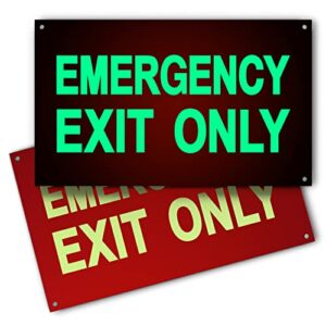emergency exit only signs - red photoluminescent exit signs aluminum for ultimate uv - pre-drilled holes glow in the dark sign - 12 x 7 inches with easy mounting (2 pack)
