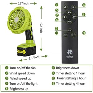 WaxPar For Ryobi Fan Cordless Battery Fan, for Ryobi 18V Fan Battery Operated Fan for Camping with LED Light Compatible with Ryobi 18V one+ Li-Ion Battery, Remote, 3 Wind/Brightness Modes, Timer