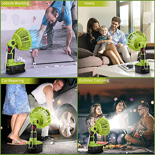 WaxPar For Ryobi Fan Cordless Battery Fan, for Ryobi 18V Fan Battery Operated Fan for Camping with LED Light Compatible with Ryobi 18V one+ Li-Ion Battery, Remote, 3 Wind/Brightness Modes, Timer