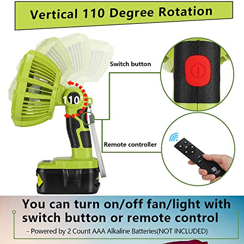 WaxPar For Ryobi Fan Cordless Battery Fan, for Ryobi 18V Fan Battery Operated Fan for Camping with LED Light Compatible with Ryobi 18V one+ Li-Ion Battery, Remote, 3 Wind/Brightness Modes, Timer