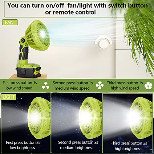 WaxPar For Ryobi Fan Cordless Battery Fan, for Ryobi 18V Fan Battery Operated Fan for Camping with LED Light Compatible with Ryobi 18V one+ Li-Ion Battery, Remote, 3 Wind/Brightness Modes, Timer