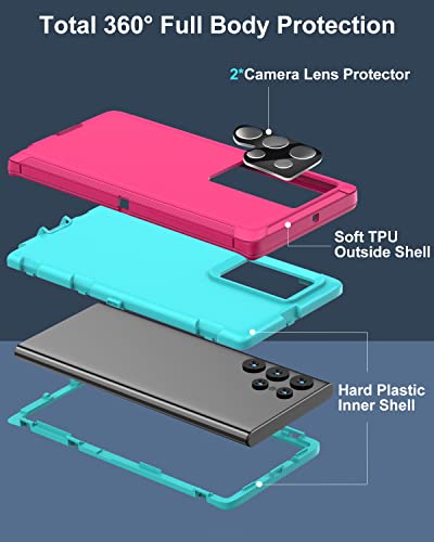 Danhon Samsung Galaxy S22 Ultra Case 6.8" - Heavy Duty Military Grade Protection, Shockproof, Camera Lens Protectors (Pink/Blue)