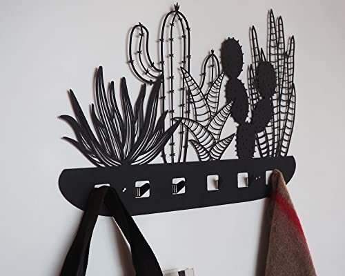 Runile Personalized Metal Coat Rack Wall Hanging, Cactus Coat Hook, Entrance Coat Rack with Hook, Personalized Metal Sign, Metal Wall Decoration, Black, 10 incher