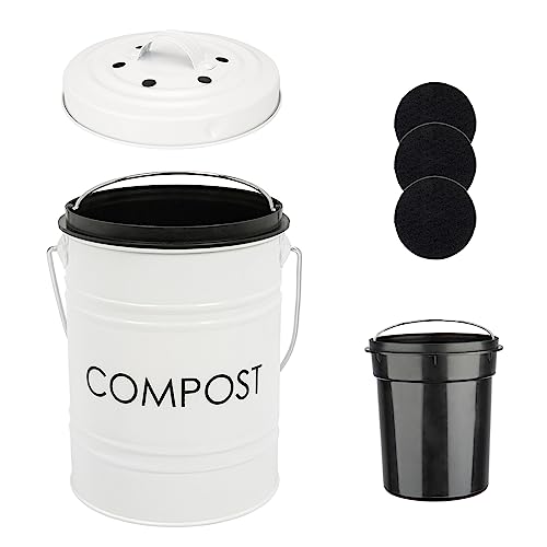 Vipush Compost Bin Kitchen Countertop Compost Bin with lid – Small Compost Bin Includes Inner Compost Bucket Liner & 3 Charcoal Filters, White