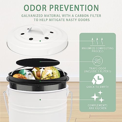 Vipush Compost Bin Kitchen Countertop Compost Bin with lid – Small Compost Bin Includes Inner Compost Bucket Liner & 3 Charcoal Filters, White